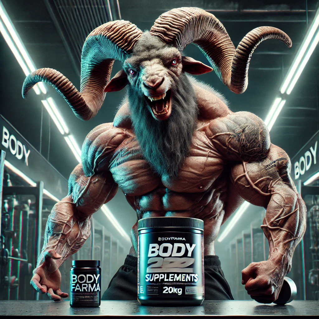 DALL·E 2024 12 16 01.26.52 A muscular highly detailed goat with curled horns and a fierce aggressive expression teeth grinding in rage. The goat has a very hairy robust body