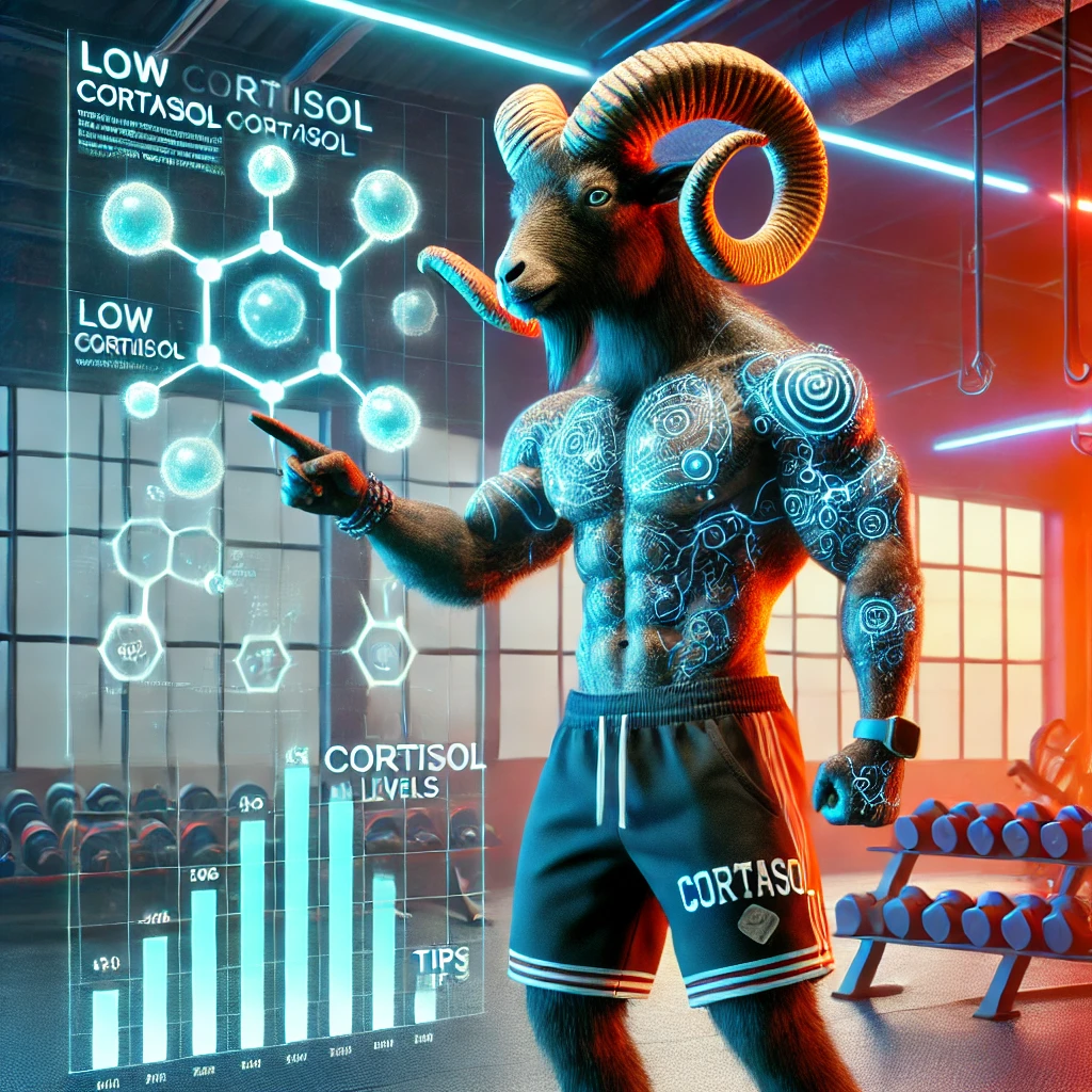 dalle 2025 01 02 09 42 54 a muscular and futuristic goat with curled horns standing in a gym environment enhanced to highlight cortisol levels in the body the goat should app