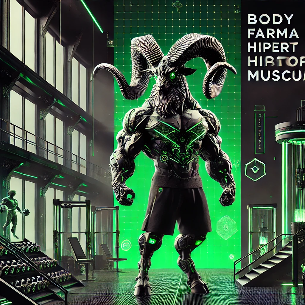 dalle 2025 01 02 12 14 25 a striking futuristic gym themed banner featuring a mythological creature resembling a muscular goat with large curling horns the goat stands in a h